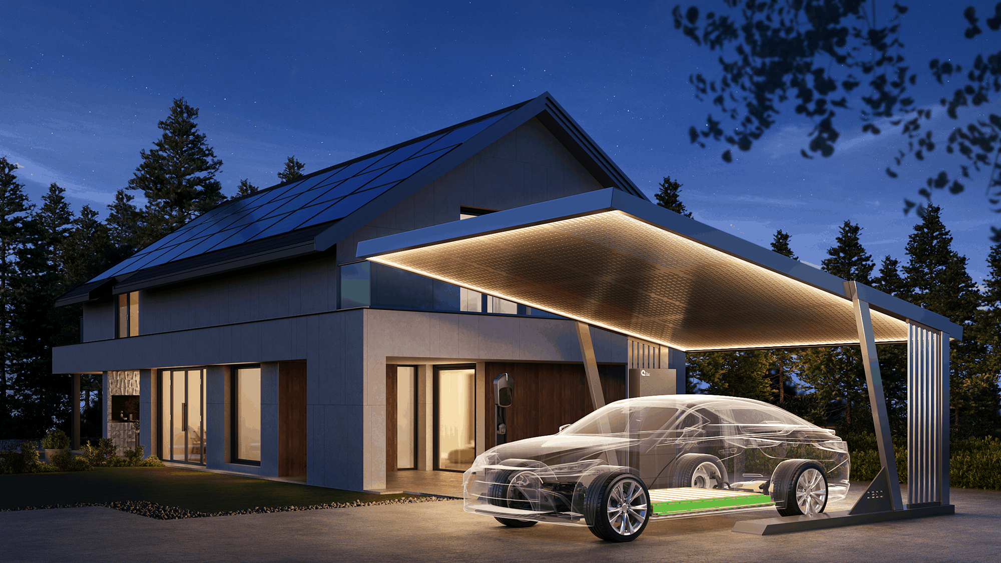 Solarcarport Premium am Abend